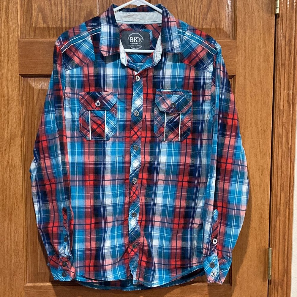 BKE Men's L Standard Fit Long Sleeve Plaid Western Button Down Shirt